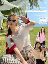 リネン混ショートスリーブTシャツ【夏用・ホワイト・ゆったりデザイン】