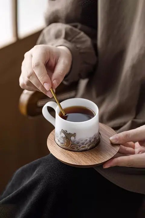 陶製茶器セット【山水風景・カップとソーサー】（セットアップ対応）