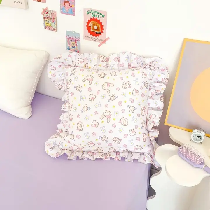 クッションカバー ピクセルうさぎ柄 フリル ヴィンテージ スイート 寝室 インテリア