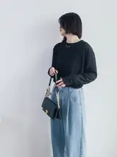 肌理感のあるコットンニット長袖トップス【カジュアル・ルーズフィット・黒】