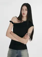 花柄グレーの斜め肩口ねじりTシャツ【女性用・ウエストシェイプ・夏用】