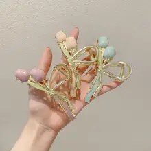 高級感あるチューリップデザインの大サイズ金属ヘアクリップ【シックな後頭部用・シャーククリップ】