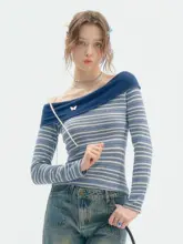 ziziFei デザイン ストライプオフショルダー長袖Tシャツ【深藍色・スリムフィット・春秋用】