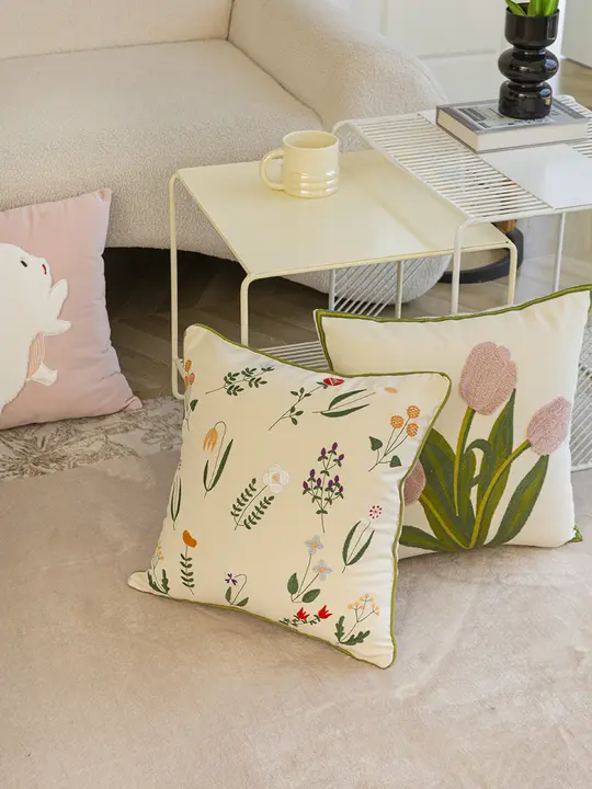 フランス風復古デザインの刺繍クッションカバー【ピュアコットン・芯なし・ソファ用】