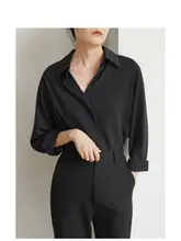 LIMONN 不規則Vネックブラック長袖シャツ【秋冬用・女性用・スリムフィット・多用途】