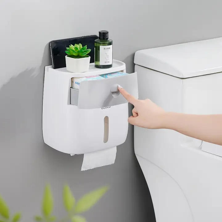 防水ウォールマウントトイレットペーパーホルダー【穴あけ不要・収納機能付き】