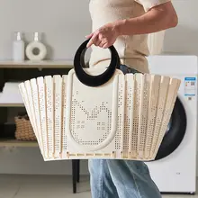 おしゃれで便利！折りたたみ式ハンドバッグタイプの衣類収納バスケット【壁掛け・衛生的・浴室用】