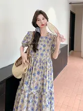 フラワープリント バブルスリーブ ワンピース【フリル付き・夏用・Aライン・長袖】