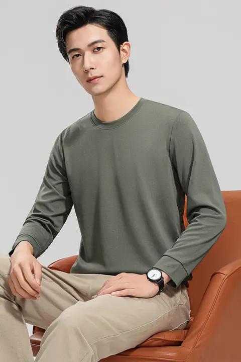 ワッフル生地 メンズカジュアル長袖クルーネックTシャツ【快適・通気性】