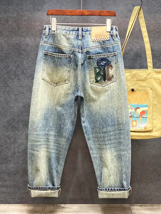 レトロ風デザインのユニセックスデニムパンツ【ヒップホップスタイル・ワイドレッグ・ウォッシュ加工】