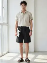 ハーフパンツ メンズ 無地 斜め織り 立体裁断 ストレート 部分ゴムウエスト アジャスター付き「LUUD」