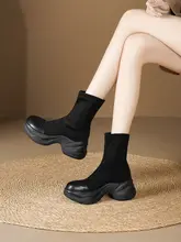 厚底ショートブーツ【黒・レトロ・綿弾性】