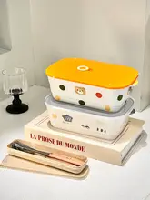 可愛いキャラクター デザイン 陶器製ランチボックス【フタ付き・電子レンジ対応・仕切り付き】