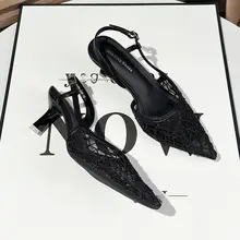 通気性のあるフレンチスタイルメッシュヒールサンダル【黒・キャップトゥ・シンプルデザイン・ハイヒール  】
