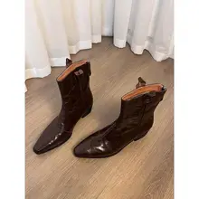 水洗牛皮製 女性用 ヴィンテージスタイルのショートブーツ【太ヒール・先細デザイン】