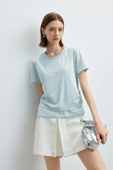 Tシャツ レディース 半袖 クルーネック リネン フェイクレイヤード ブルー カジュアル 夏