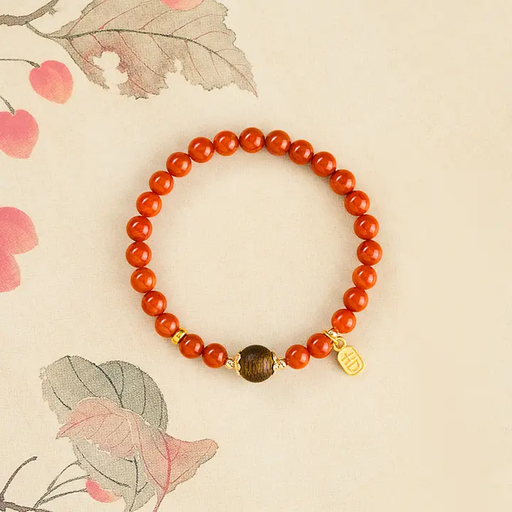 南紅手串 柿子色の紅瑪瑙ブレスレット【本命年・天然宝石・沈香木】