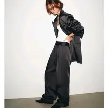 翻領長袖サテン風ボタン付きジャケット【フォーマルスタイル】打ちひもハイウエストパンツ（セットアップ対応）