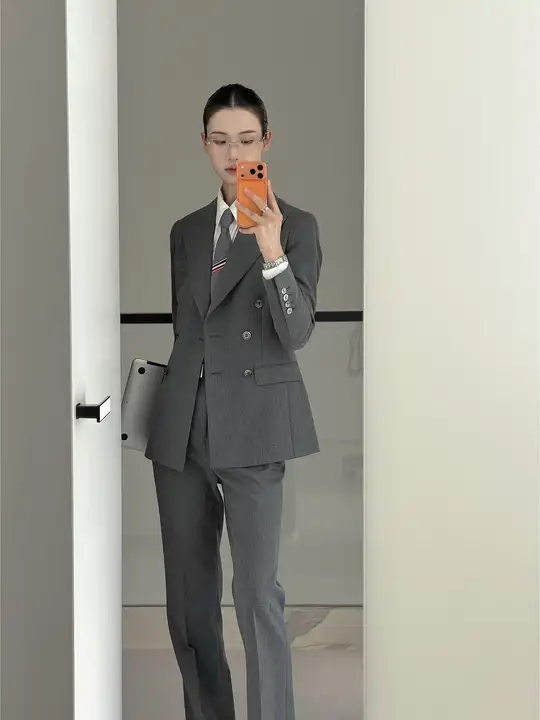 グレー ダブルブレストスーツ【スリムフィット・ビジネス通勤・ベルボトムパンツ】（セットアップ対応）