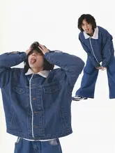 レトロデザインのブルー羊羔毛デニムジャケット【冬用・厚手・翻領】