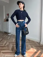 ジーンズ ハイウエスト スリム ストレート ストレッチ 快適 ダークブルー レトロ