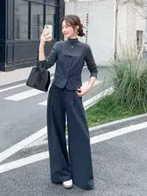洗練された大人の春秋コーデ！ネイビー格子柄ノースリーブトップス＆ワイドパンツ（セットアップ対応）