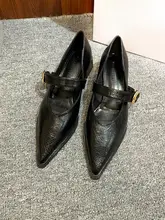 レディース 春秋用 ポインテッドトゥ ミドルヒール マリージェーンシューズ【ソフトレザー・ブラック・カジュアルデザイン】