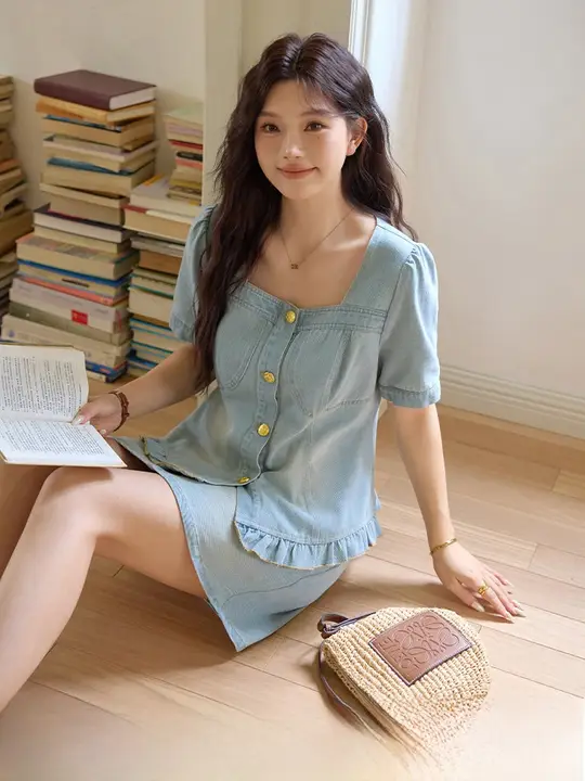 デザイン性に優れたデニムの女性用二点セット【夏季用・ビンテージスタイル・大きいサイズ】（セットアップ対応）