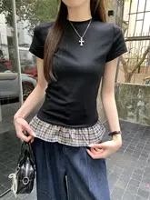 ヴィンテージチェック柄のフレアトップス【夏用・女性・ドレープデザイン・スリムフィット】（セットアップ対応）