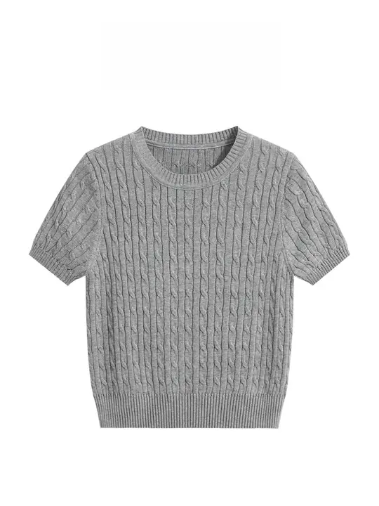レディース 夏用短袖ニットTシャツ【薄手・グレー・ラウンドネック】
