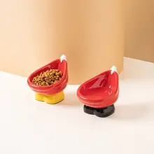 赤い陶器製の猫犬用フードボウル【高脚・斜口デザイン・防水滴】