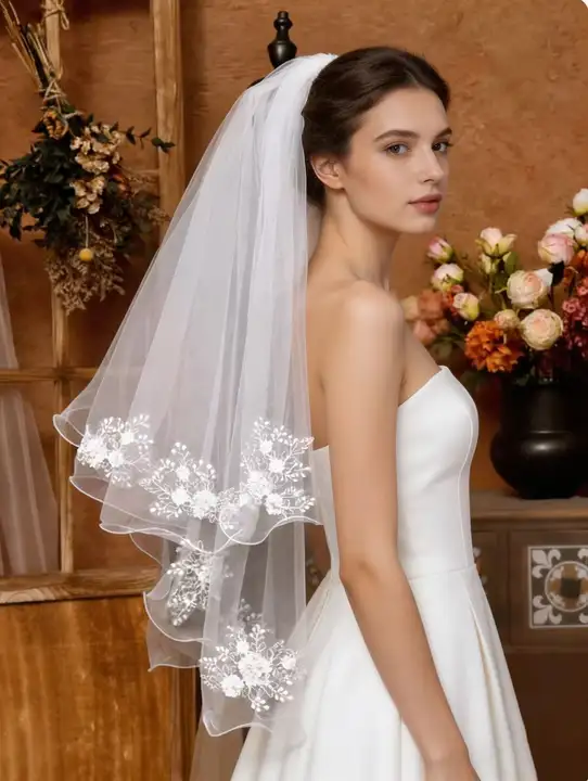 二重レースの白いウェディングベール【高級感・フレンチスタイル・結婚式用・おしゃれな撮影小物】