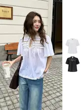 タックレースフリル付きルーズフィットパフスリーブシャツ【リボン付き・春夏用】