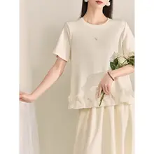 ホワイトショートスリーブルーズフィットTシャツ【レトロ波型デザイン・オフィスカジュアル対応】