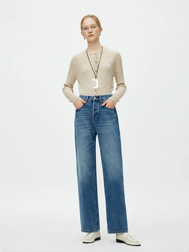 トレンド感あふれるハイウエストストレートデニムパンツ【女性用・ゆったりシルエット・ワイドレッグ】