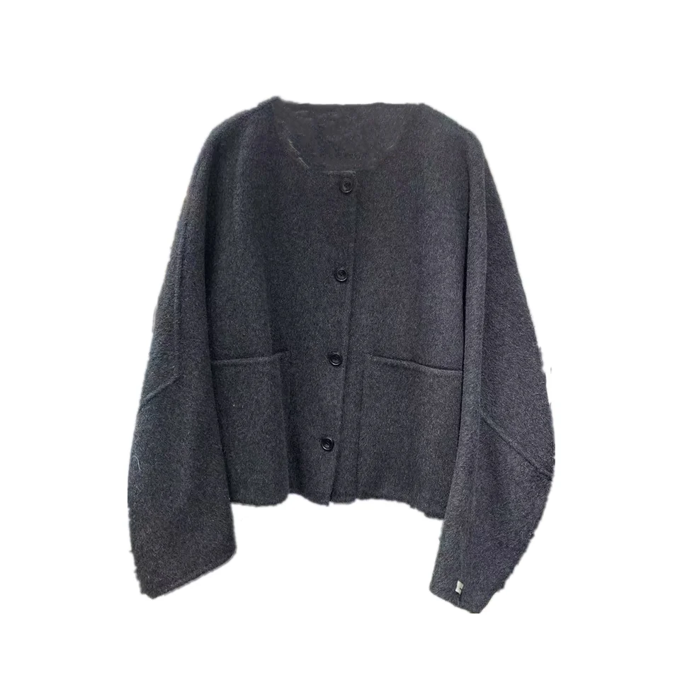 丸首ボタンデザイン ダブルフェイスコート【秋冬用・ゆったり・シンプル・ウール素材】