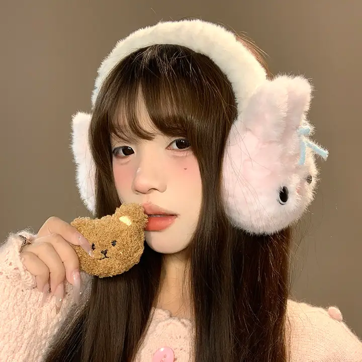 可愛いピンクのウサギ型ファー製イヤーマフ【折りたたみ式・冬用・防寒】