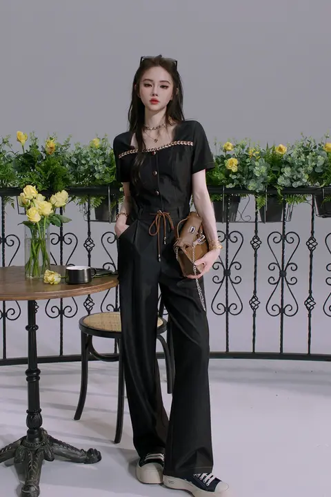 デザインのウエスト調整可能なオールインワンロングパンツ【春夏用・カジュアルスタイル】