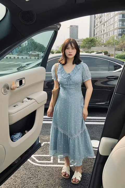 女性用ブルーのロングワンピース【収腰デザイン・夏用・大きいサイズ】