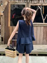 ダークブルー レーストリム Vネック デニムベスト＆ショートパンツ【夏用・甘美なアートスタイル】（セットアップ対応）