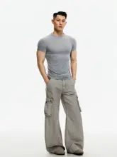 Tシャツ メンズ 半袖 薄手 高ストレッチ 正肩 スリムフィット 袖口リブ 筋肉強調 アメカジ ジム インナー 「DAYNY」