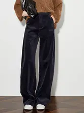 梨形シルエットの高身長向けロングコーデュロイカジュアルパンツ【ダークブルー・フルレングス・極上の柔らかさ】（セットアップ対応）