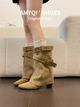 真皮製の粗いヒールと先細デザインのレディースブーツ【ミドルカット・美脚効果】