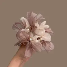 華やかなレースのリボンパールヘアゴム【ダイヤモンド装飾・オーガンジー使用】