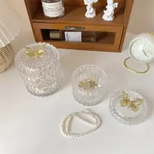 透明ガラス製の金色バタフライ収納ボックス【ジュエリー・コットンスワブ用・彫刻デザイン・ヨーロピアンスタイル】