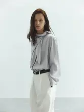 エレガントなデザインのマットな長袖シャツ【フレンチスタイル・リボン付き・通勤用】