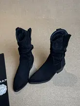 レトロデザインの尖ったつま先のショートブーツ【折り畳みスタイル・粗いヒール・女性用・秋冬用】