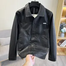 高級水洗PUレザー ライチ模様の肌触りが滑らかな秋用メンズ翻领ジャケット