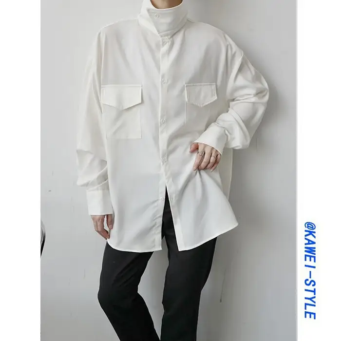 シャツ メンズ 長袖 ハイネック ホワイト ルーズ カジュアル ストリート 上品 韓流