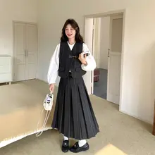 デザイン感あるベスト付きシャツとスカート【春秋向け・流行・女性用】（セットアップ対応）